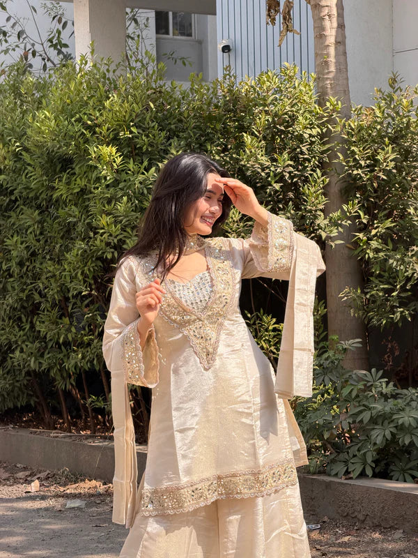 Ivory Mirror Work Tissue Sharara Suit