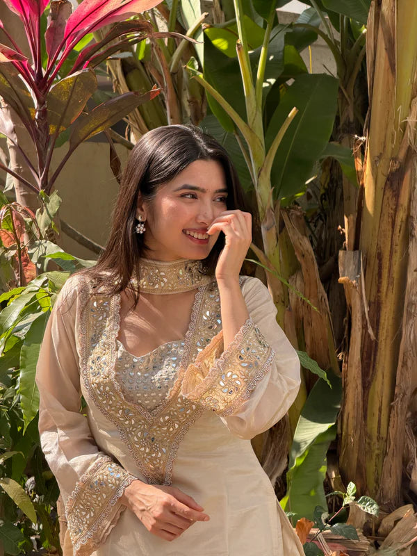 Ivory Mirror Work Tissue Sharara Suit