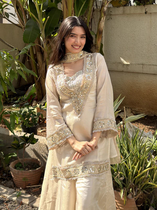 Ivory Mirror Work Tissue Sharara Suit