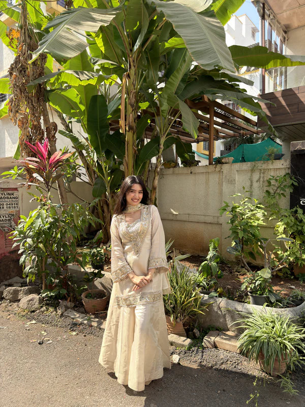 Ivory Mirror Work Tissue Sharara Suit