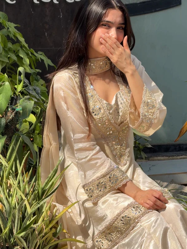 Ivory Mirror Work Tissue Sharara Suit