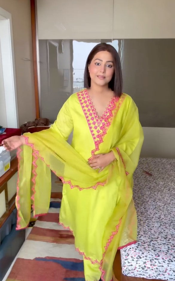 Lime Yellow Embroidered Chanderi Suit