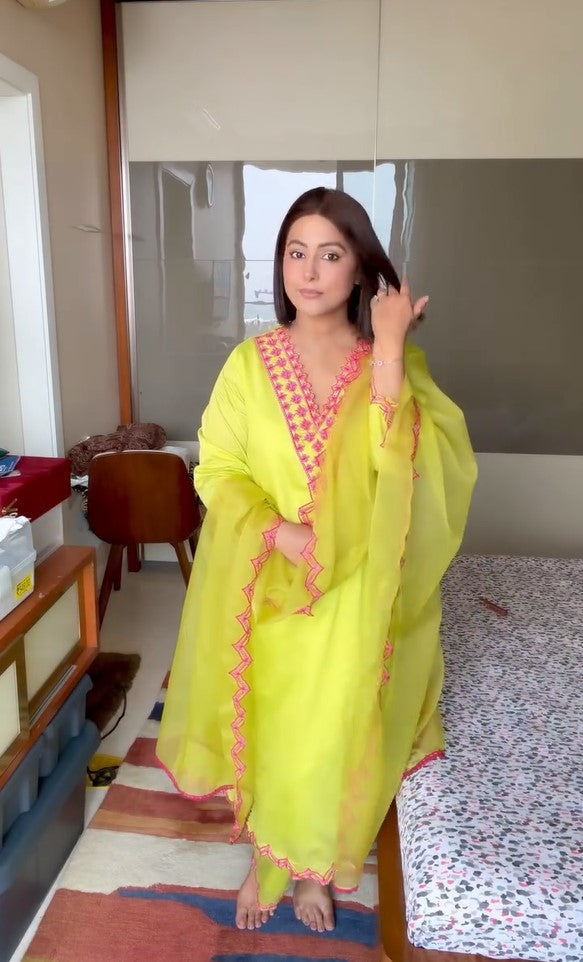 Lime Yellow Embroidered Chanderi Suit