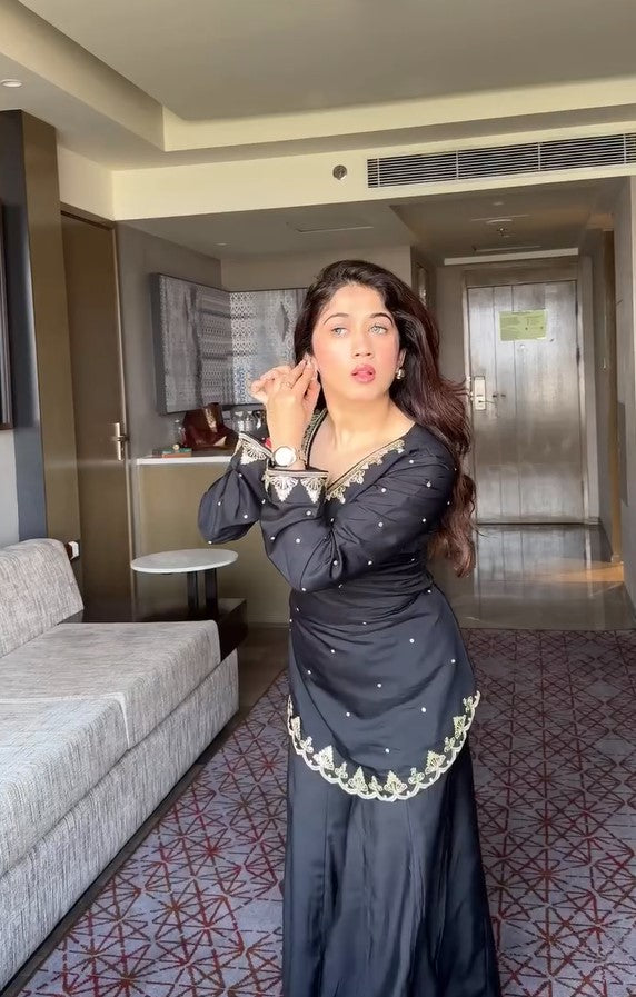 Black Heavy Faux Georgette Embroidery Sharara Set