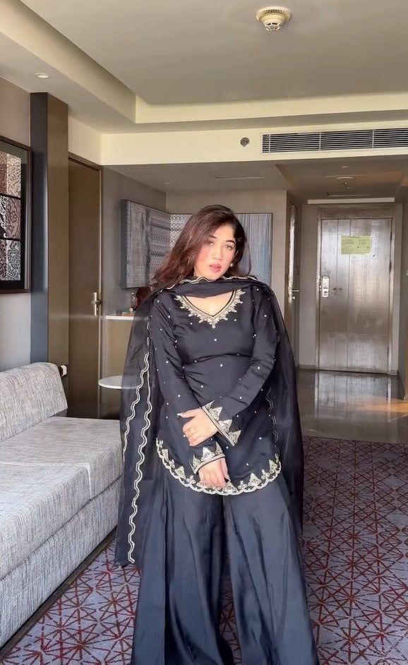 Black Heavy Faux Georgette Embroidery Sharara Set