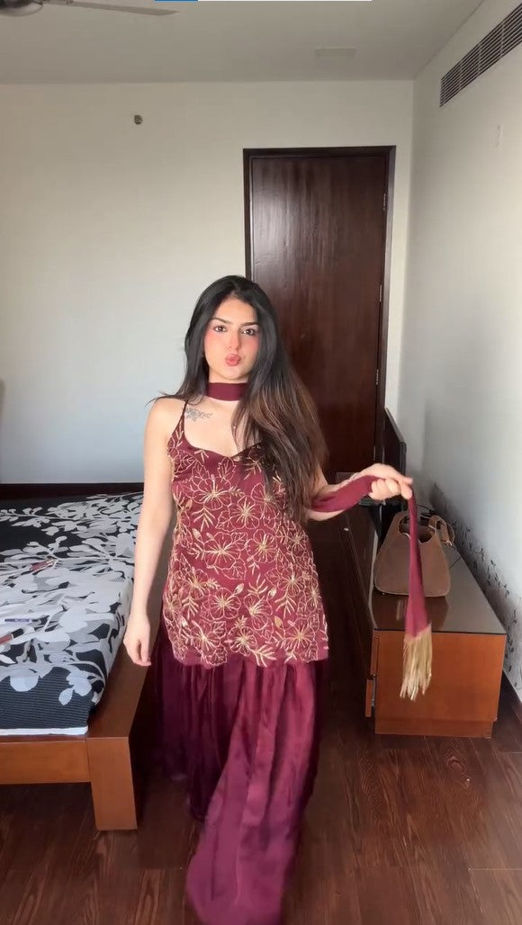 Sequin Embellished Festive Georgette Sharara Suit Set